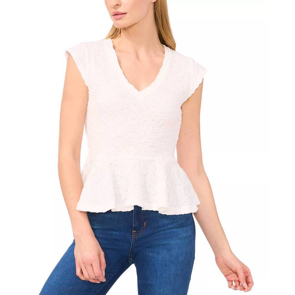 NEW CECE v neck puckered knit peplum tee in new ivory
